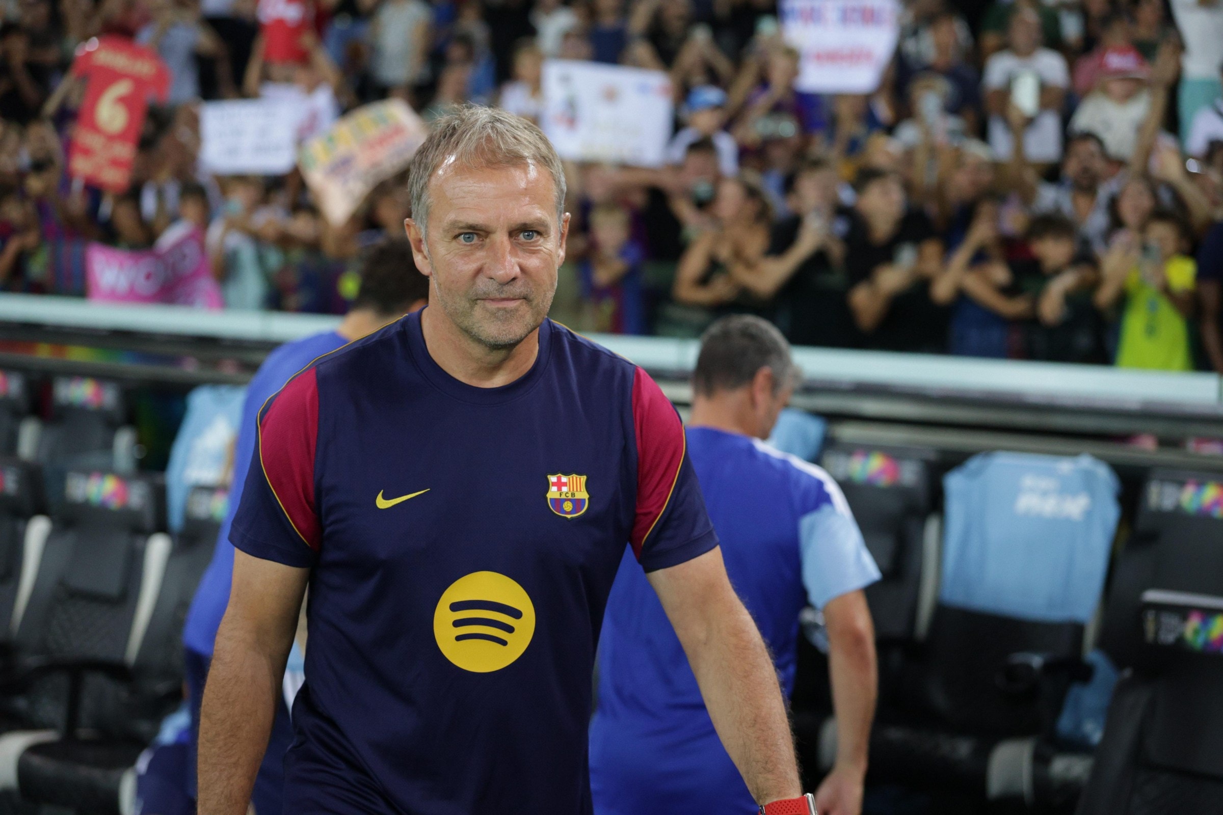 Barcellona head coach Hansi Flick is pictured during the FVG Cup match between Udinese Calcio and Nottingham Forest Football Club at the Bluenergy Stadium in Udine, Italy. (Photo by Mattia Radoni/NurPhoto via Getty Images)