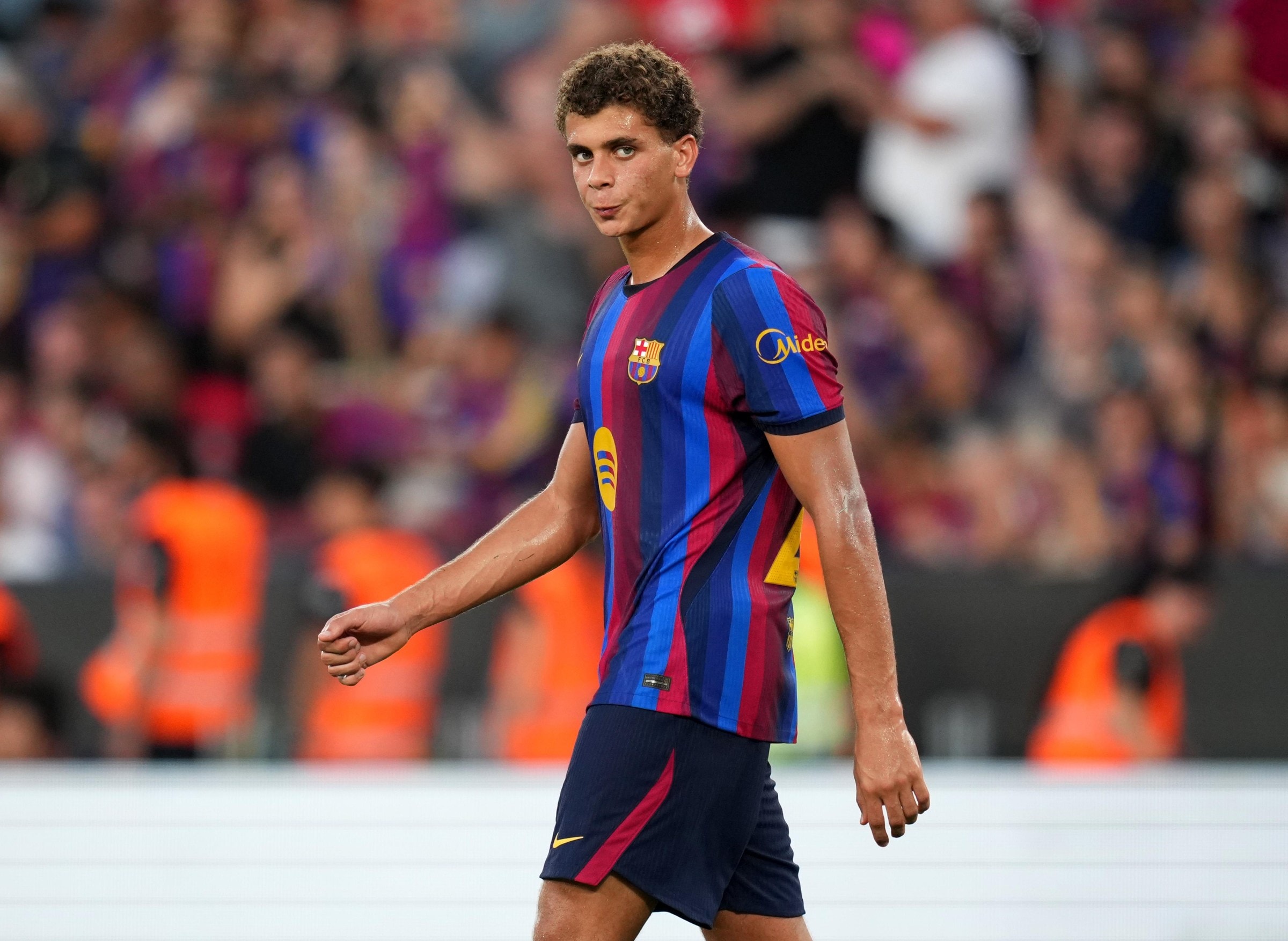BARCELONA, SPAIN - AUGUST 19: Hamza Abdelkarim of FC Barcelona celebrates scoring his team’s first goal during the Joan Gamper Trophy match between FC Barcelona and Al Ahly SC at Spotify Camp Nou on August 19, 2026 in Barcelona, Spain. (Photo by Alex Caparros/Getty Images)