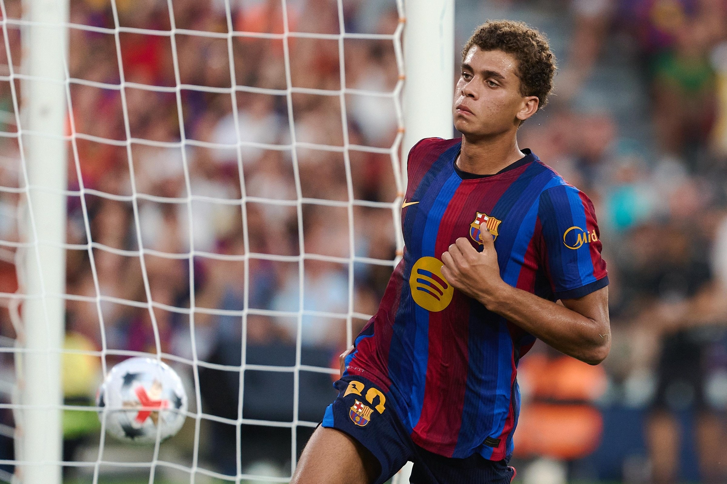 BARCELONA, SPAIN - AUGUST 19: Hamza Abdelkarim of FC Barcelona celebrates 1-0 during the Joan Gamper Trophy match between FC Barcelona and Al Ahly SC at Spotify Camp Nou on August 19, 2026 in Barcelona, Spain. (Photo by LOF/BSR Agency/Getty Images)