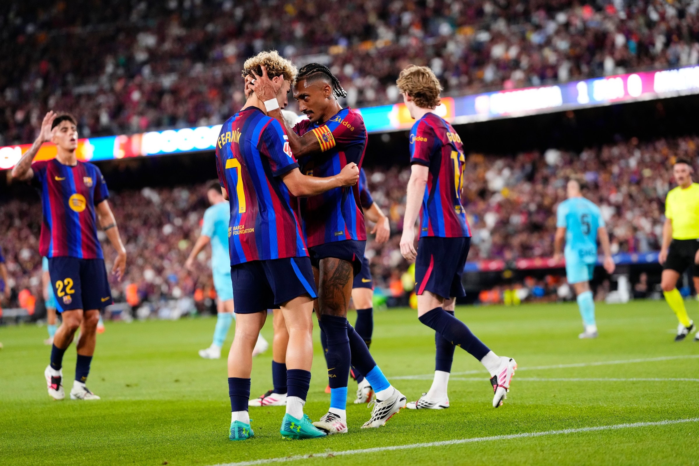 Raphinha right winger of Barcelona and Brazil celebrates after scoring his sides first goal during the La Liga EA Sports 2026/27 match between FC Barcelona and Athletic Club at Spotify Camp Nou on August 27, 2026 in Barcelona, Spain. (Photo by Jose Breton/Pics Action/NurPhoto via Getty Images)