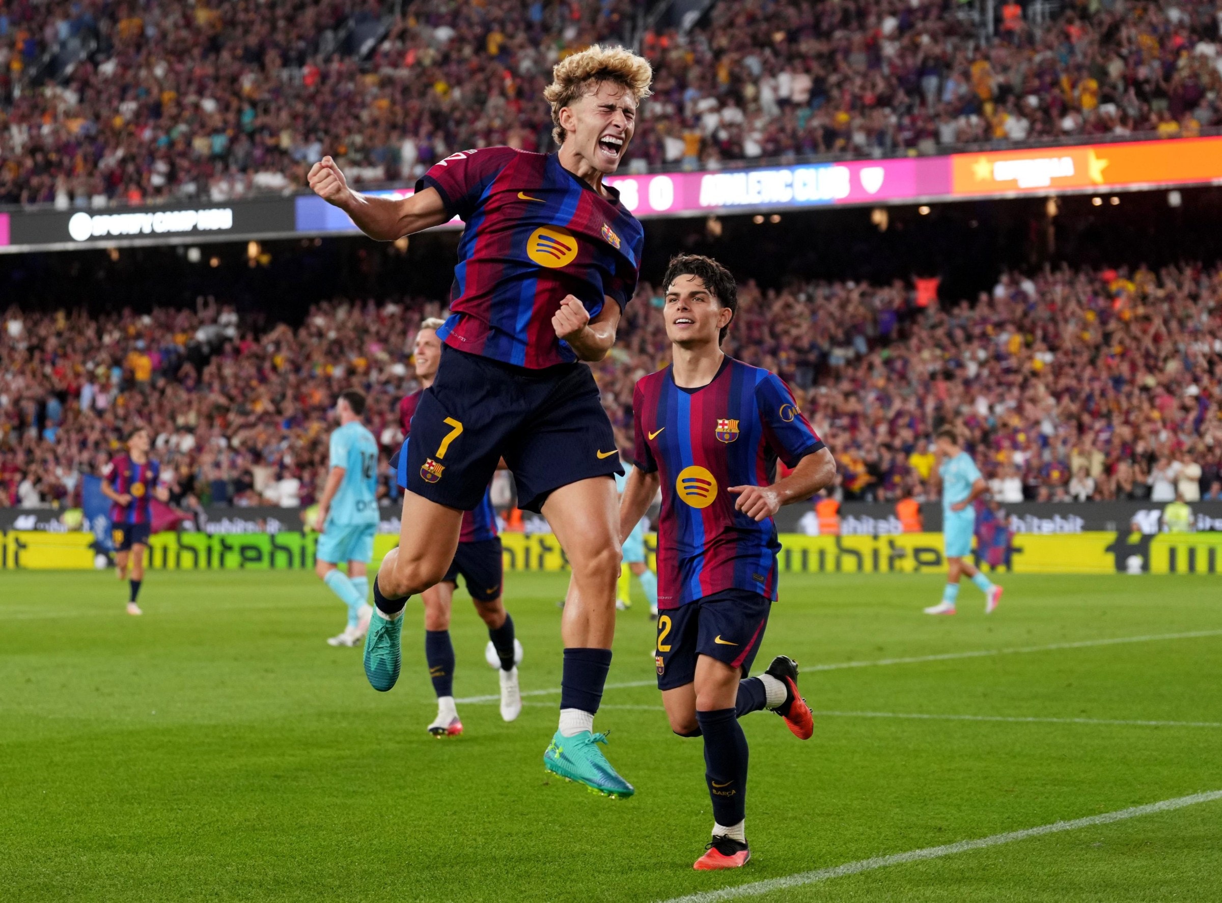 BARCELONA, SPAIN - AUGUST 27: Fermin Lopez of Barcelona celebrates scoring his team’s second goal during the LaLiga EA Sports 2026/27 match between FC Barcelona and Athletic Club at Spotify Camp Nou on August 27, 2026 in Barcelona, Spain. (Photo by Alex Caparros/Getty Images)