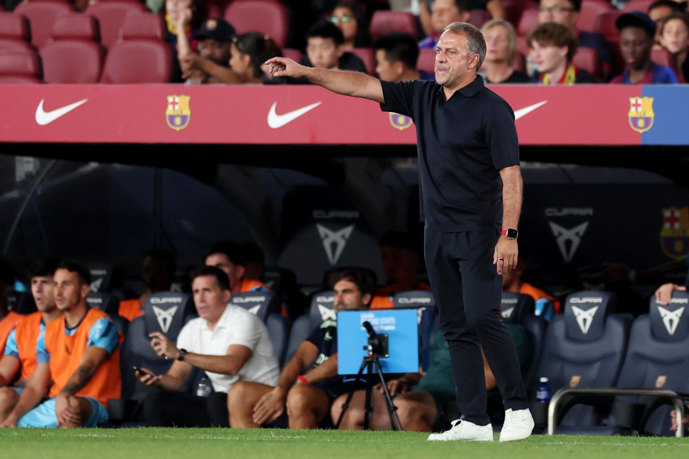 BARCELONA, SPAIN - AUGUST 27: Coach Hansi Flick of FC Barcelona during the LaLiga EA Sports match between FC Barcelona v Athletic de Bilbao at the Camp Nou on August 27, 2026 in Barcelona Spain (Photo by David Ramirez/Soccrates/Getty Images)