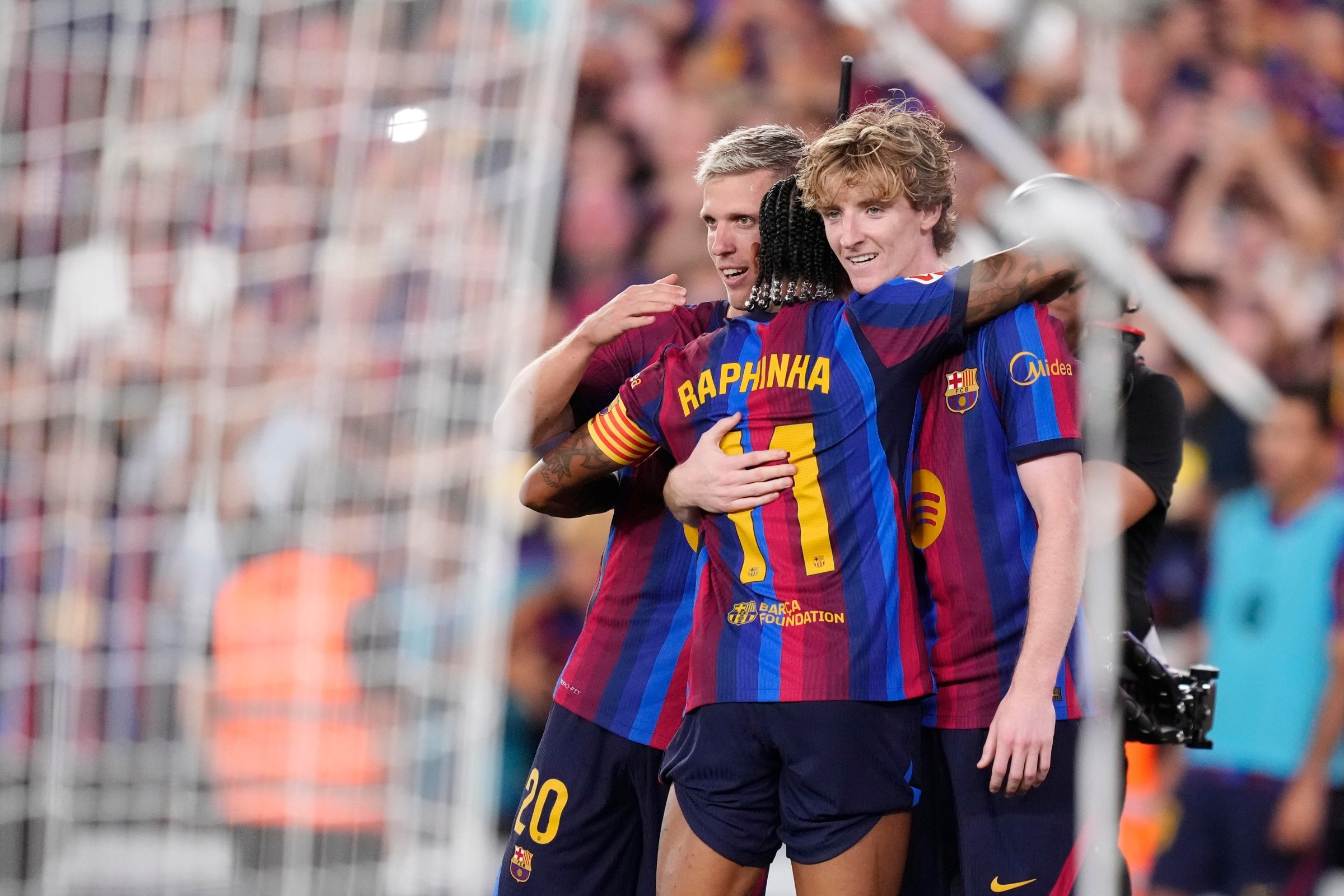 Anthony Gordon left winger of Barcelona and England celebrates the third goal of his team during the LaLiga EA Sports 2026/27 match between FC Barcelona and Rayo Vallecano de Madrid at Spotify Camp Nou on August 31, 2026 in Barcelona, Spain. (Photo by Jose Breton/Pics Action/NurPhoto via Getty Images)