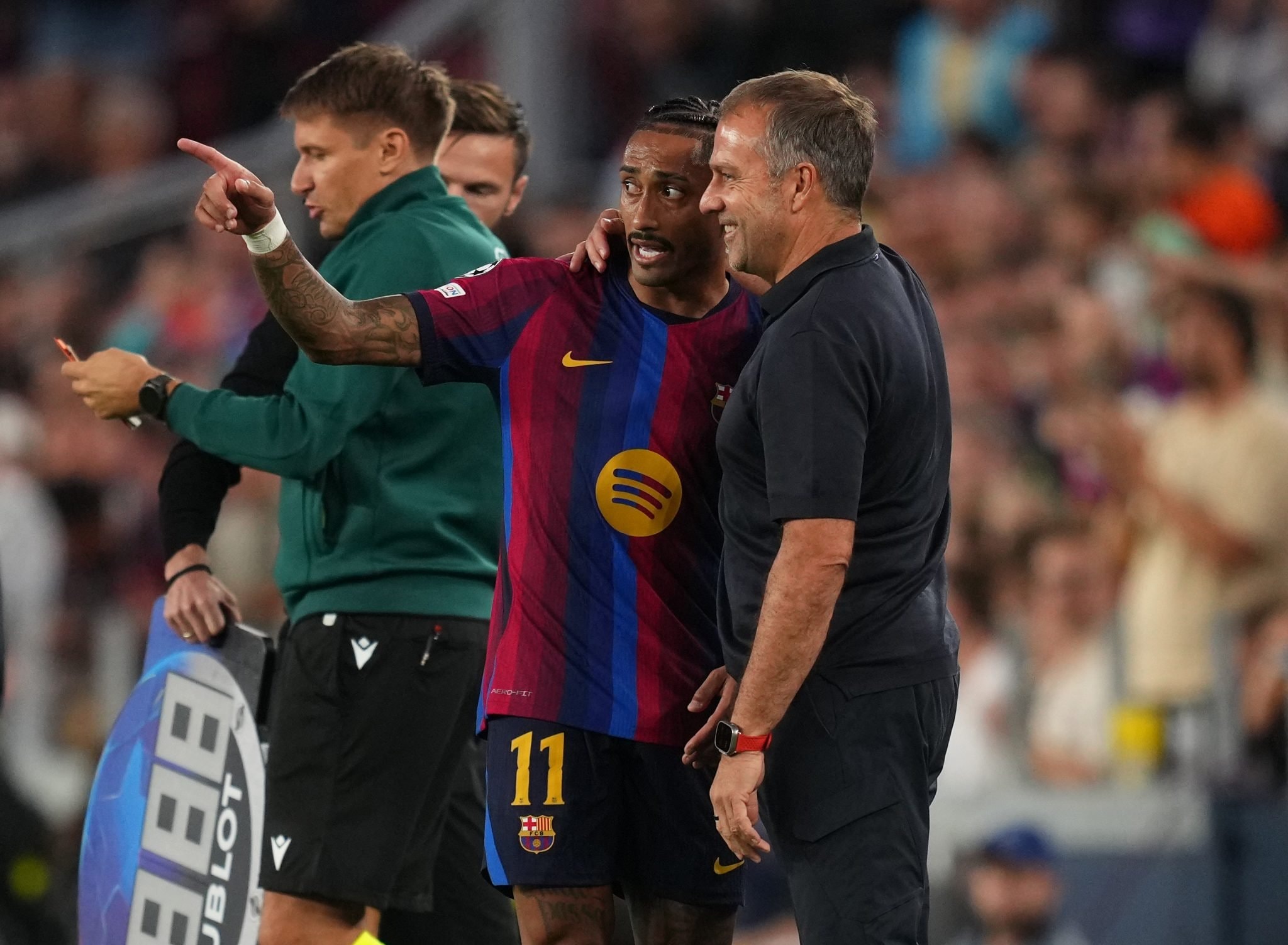Raphinha et Hansi Flick, joueur et entraîneur du Barça