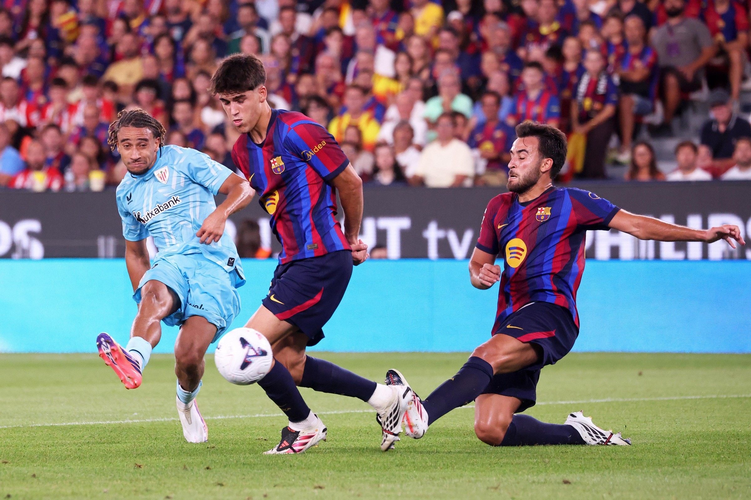 Pau Cubarsi, Eric Garcia and Johaneko Louis-Jean play during the match between FC Barcelona and Athletic Club, corresponding to week 1 of LaLiga EA Sports 2026-27, played at the Spotify Camp Nou in Barcelona, on August 27, 2026. (Photo by Joan Valls/Urbanandsport/NurPhoto via Getty Images)