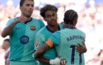 Lamine Yamal célèbre son doublé avec ses coéquipiers du FC Barcelone sur la pelouse de Levante.