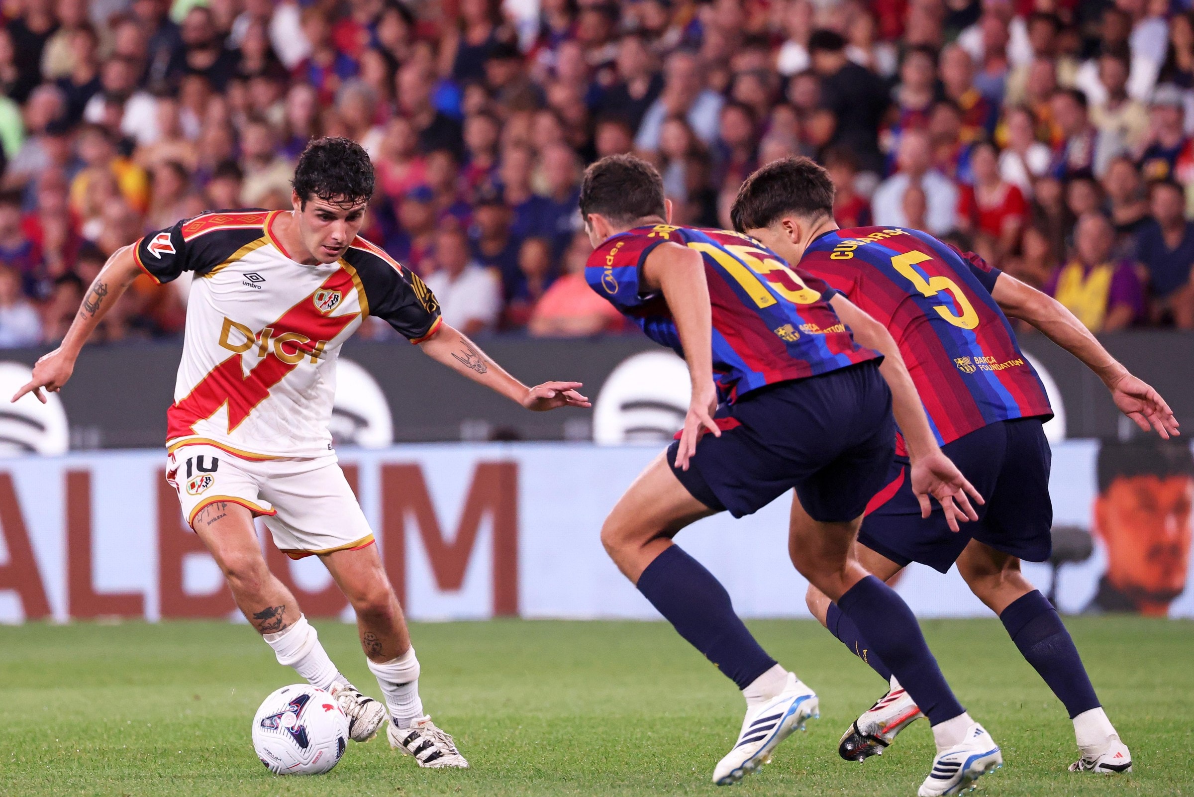 Andreas Christensen, Pau Cubarsi and Sergio Camello play during the match between FC Barcelona and Rayo Vallecano de Madrid, corresponding to the week 3 of LaLiga EA Sports 2026-27, played at the Spotify Camp Nou, in Barcelona, on August 31, 2026. (Photo by Joan Valls/Urbanandsport/NurPhoto via Getty Images)