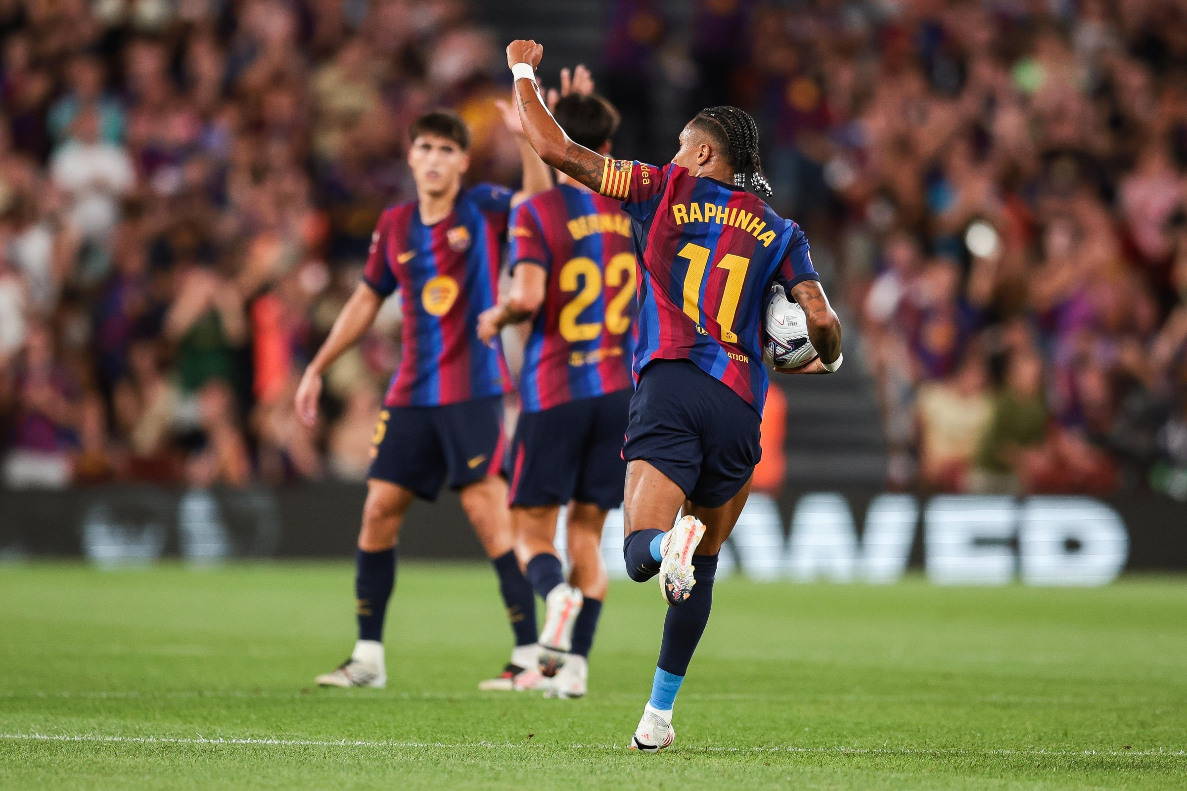 BARCELONA, SPAIN - AUGUST 31: Raphinha of FC Barcelona celebrates after scoring the team’s first goal during the LaLiga EA Sports 2026/27 match between FC Barcelona and Rayo Vallecano de Madrid at Spotify Camp Nou on August 31, 2026 in Barcelona, Spain. (Photo by Eric Alonso/Getty Images)