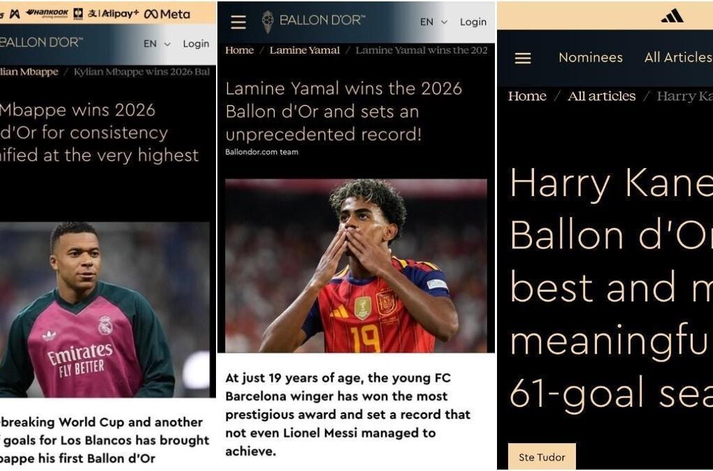 Lamine Yamal, présenté comme le vainqueur dans l’un des trois articles publiés par ballondor.com.