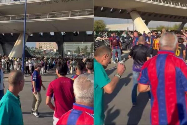 Des supporters du Barça aux abords du stade La Cartuja avant le match contre le Real Betis.