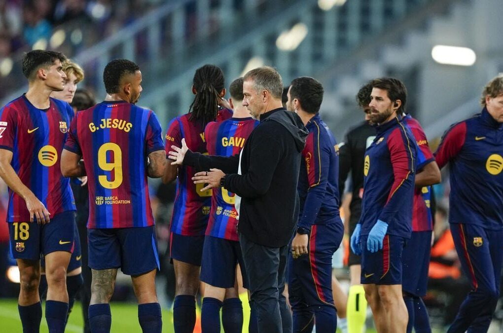 Les joueurs du Barça lors d’une séance de préparation avant le match contre le Real Betis.