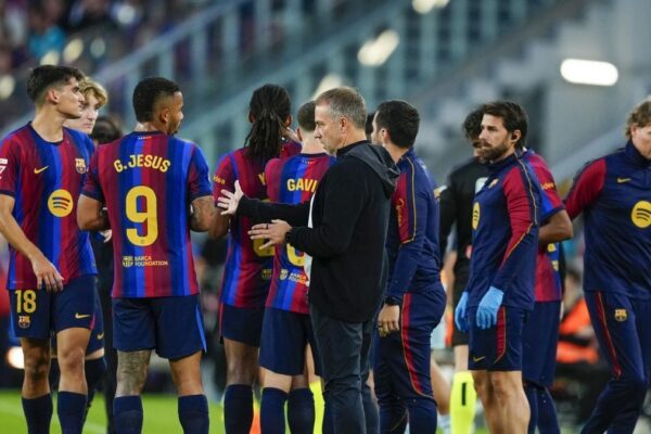 Les joueurs du Barça lors d’une séance de préparation avant le match contre le Real Betis.