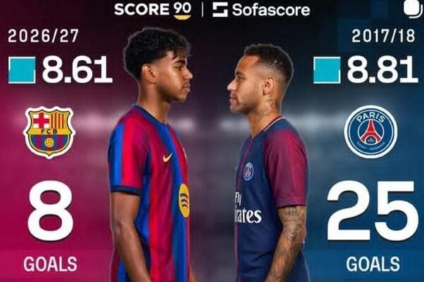 Lamine Yamal sous le maillot du Barça, salué par Neymar.